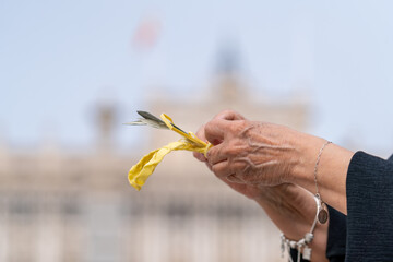 La señora está arreglando su Ramo de Olivo en la Semana Santa de Madrid.
