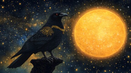 Lord Shani riding a black crow, his powerful gaze filled with cosmic justice, his presence commanding celestial authority