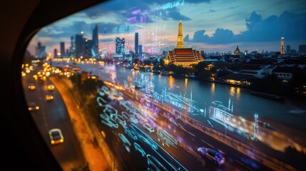 Fototapeta premium Bangkok cityscape at night, river traffic, overlayed data. Possible use Stock photo