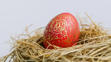 Obraz premium Easter eggs with stunning red patterns nestled in a straw nest against a pristine white background. 
