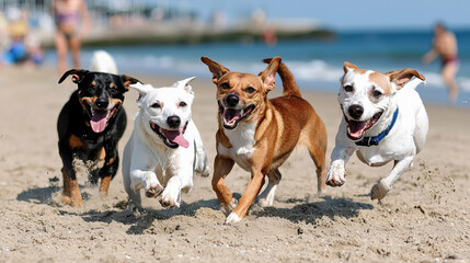 Playful dogs running joyfully on sandy beach, enjoying sun and surf with excitement and energy