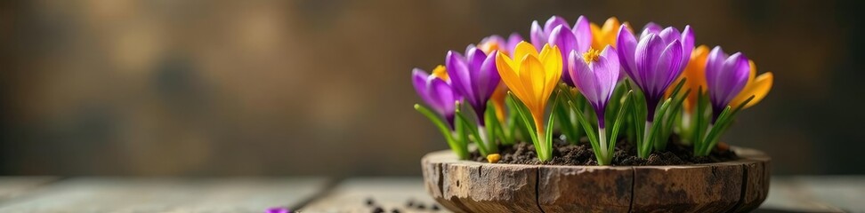 Fototapeta premium Springtime crocus flowers placed inside a wooden and glass container, wood, flowers, vessel