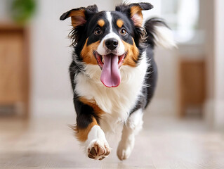 Happy dog running with its tongue out, showcasing joy and energy in bright indoor setting