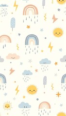 Seamless whimsical weather pattern with rainbows, clouds, sun, raindrops, and stars, perfect for nursery decor, textiles, and kids' designs.