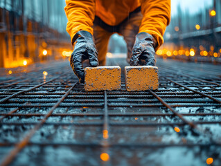 A construction worker builds with bricks at night, illuminated by streetlights, creating a gritty and industrious atmosphere, ideal for urban designs.