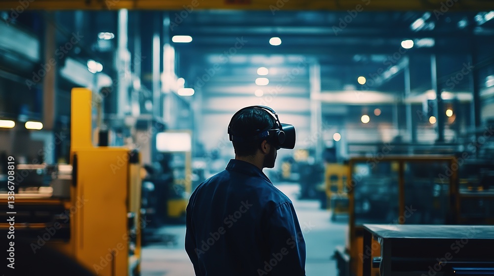 Poster a factory worker using vr for industrial training in a high-tech setting.