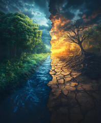 A split landscape shows a dry desert merging into lush greenery with a glowing sky, creating a surreal and magical contrast, ideal for fantasy designs.