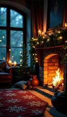 Twinkling fairy lights and evergreen garlands around the fireplace, fairies, cozy nights