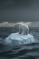 A polar bear stands on melting ice in a cold Arctic sea, creating a stark and emotional scene, ideal for climate change awareness designs.