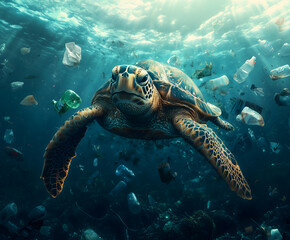 A turtle swims in polluted ocean waters with plastic debris, creating a striking and urgent scene, ideal for environmental designs.