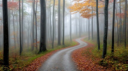Obraz premium Mysterious forest trail veiled in mist, winding through towering trees and a carpet of fallen leaves.