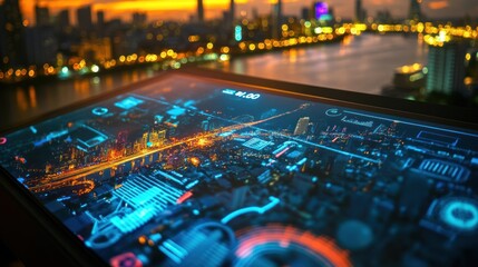 Futuristic city map interface on tablet, urban panorama, night view, informational display, stock photo