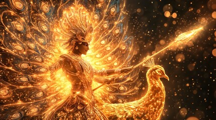 A powerful 3D concept of Lord Kartikeya, riding his peacock and wielding his divine spear, with glowing energy radiating from him.