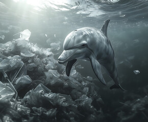 A dolphin swims through ocean debris with light rays piercing the water, creating a dramatic and poignant scene, ideal for marine designs.