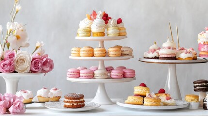 Fototapeta premium Colorful dessert display featuring delicate pastries and floral arrangements at a celebration event