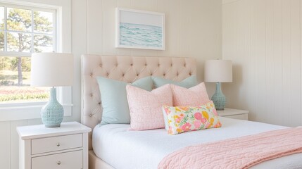 Obraz premium Modern neutral blue bedroom with elegant furniture and cozy atmosphere, featuring a stylish bed, soft lighting, and minimalist decor, creating a peaceful and relaxing space for rest and comfort.