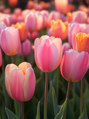 Bright pink tulips bloom in a vibrant garden, exuding a cheerful and lively atmosphere, ideal for floral and spring-themed designs.