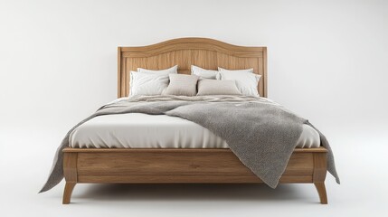 Modern wooden bed with soft pillows and blanket in a minimalist bedroom, showcasing a serene and inviting atmosphere