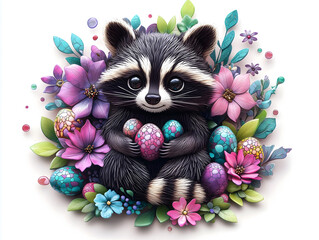 A whimsical raccoon with colorful flowers and Easter eggs creates a playful and magical scene, ideal for holiday and fantasy designs.