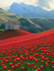 A vibrant red tulip field stretches across rolling hills with a cottage, creating a serene and scenic atmosphere, perfect for nature designs.
