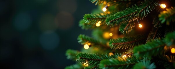 Twinkling lights adorn a lush evergreen Christmas tree, holiday, tree