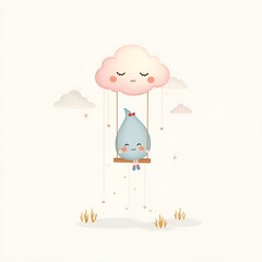 pastel raindrop character on a swing hanging from a cloud, with stars and soft lines, perfect for nursery backgrounds.