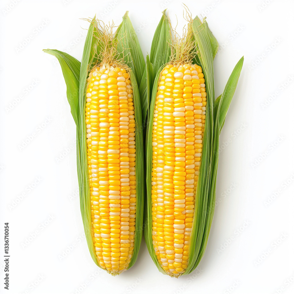 Poster two ears of corn displaying their freshness and natural beauty in a realistic photography setting wi