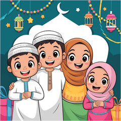 Muslim family, Eid Mubarak cartoon illustration