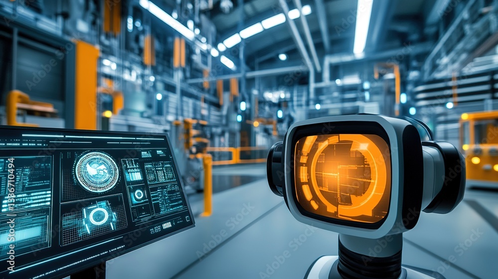 Poster a futuristic factory where vr simulations optimize production.