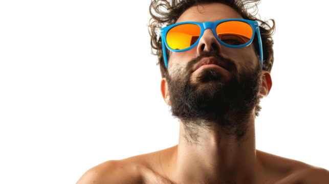 Bearded man wearing sunglasses looking up on transparent background