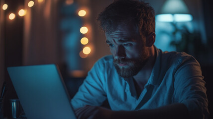 Serious man working late on laptop computer at night dark blue male home light adult beard online