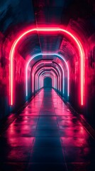 Obraz premium Neon Tunnel: A futuristic tunnel aglow with vibrant neon lights in shades of red and blue, creating a captivating sense of depth and perspective