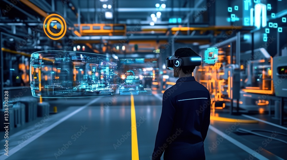 Poster a futuristic factory where vr simulations optimize production.
