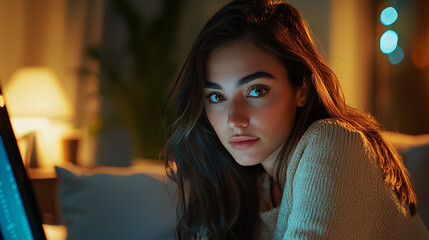 Fototapeta premium Beautiful young woman with brown hair gazing at screen at night girl face eyes long warm cozy model