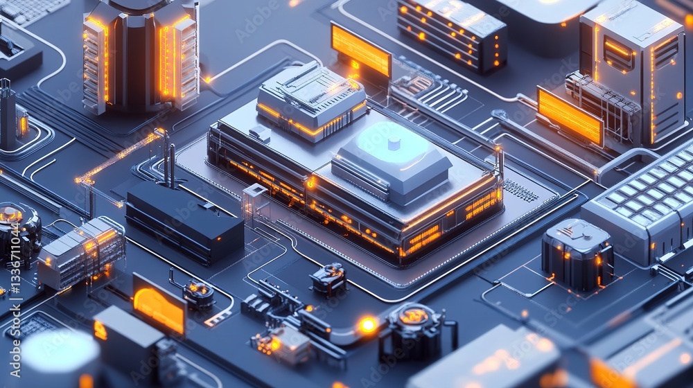 Poster a futuristic smart factory designed entirely by ai for maximum efficiency.