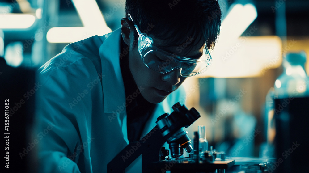 Aufkleber focused scientist using microscope in modern laboratory setting researching science man blue dark