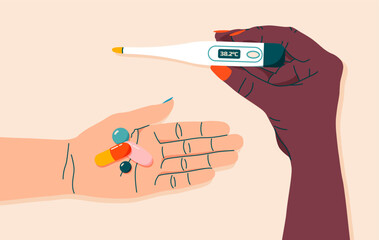 Colorful pills, drugs and thermometer in woman's hand. Female hand holding thermometer. Healthcare and medicine concept. Hand drawn modern flat vector illustration for web banner, card design.