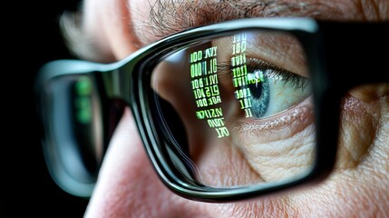 Close-up of a person's eye reflected in glasses displaying binary code