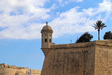 Valletta watchtower overlooking the city walls in Malta
