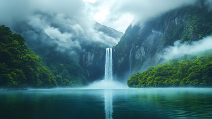 Fototapeta premium A magical photography of New Zealand’s Milford Sound, with dramatic waterfalls cascading down sheer cliffs into deep blue fjord waters, surrounded by lush greenery and misty clouds.