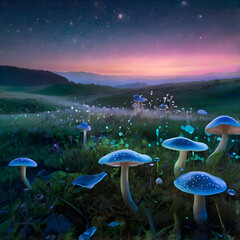 Surreal Meadow Filled with Glowing Mushrooms and a Vibrant, Dreamlike Atmosphere