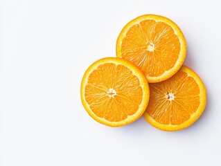 Freshly sliced oranges stacked on a white background, showcasing vibrant color