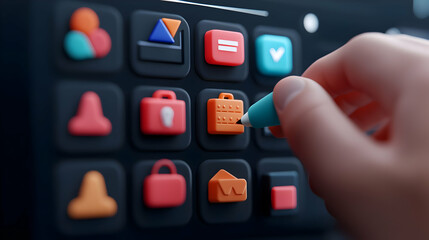 Obraz premium Hand Using Stylus to Select Project Management Icon on a Dark Digital Interface
