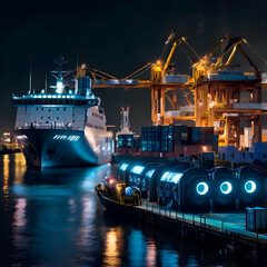 Futuristic Harbor Glowing with Advanced Docking Systems and Neon-Lit Robotic Cargo Handlers