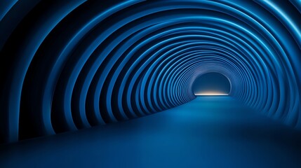 Deep blue 3D abstract tunnel with glowing light trails, mysterious and immersive