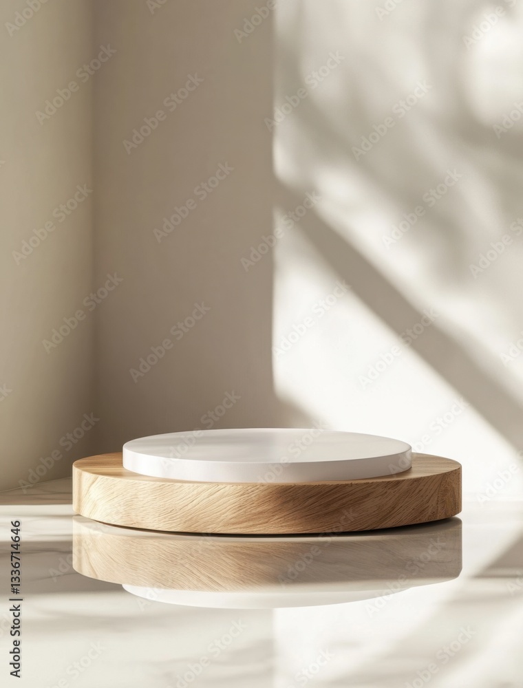Poster minimalist round tray resting on a wooden base, capturing soft sunlight and shadows in a tranquil in
