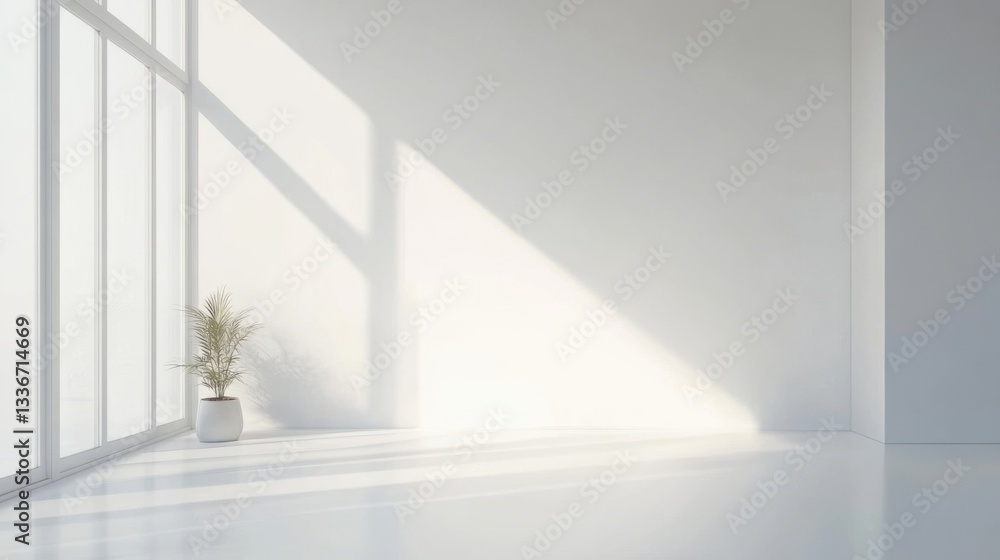 Poster bright and minimalistic interior space with large windows and a single plant element