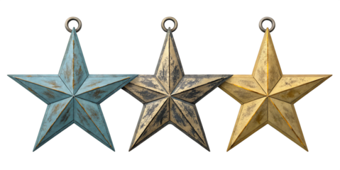 Three Vintage Metal Hanging Stars in Blue, Silver, and Gold with Rustic Aged Texture – Decorative Western Barn Star Ornaments Isolated on White Background