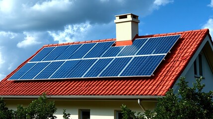 Obraz premium Solar Panels on Roof with Sun Shining Over House, Red Tile Roof, Blue Sky, Green Trees in Front, White Walls, Green Grass Surrounding, Realistic High-Resolution Home Exterior