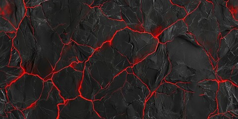 Fototapeta na wymiar Glowing Red Cracks in Dark Rock Formation: Molten Lava, Volcanic Landscape, Magma, Earth, Fire, Geology, Heat, Texture, Stone, Nature
